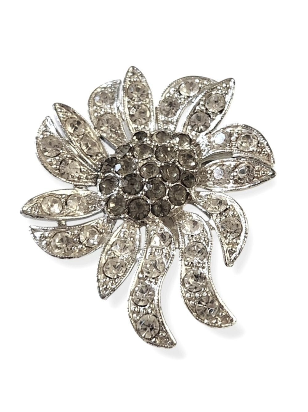 Vintage Celebrity NY Clear & Smokey Rhinestone Floral Brooch Pin
